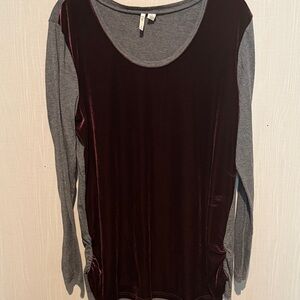 Velvet Front Long Sleeve Top - Gray and Burgundy